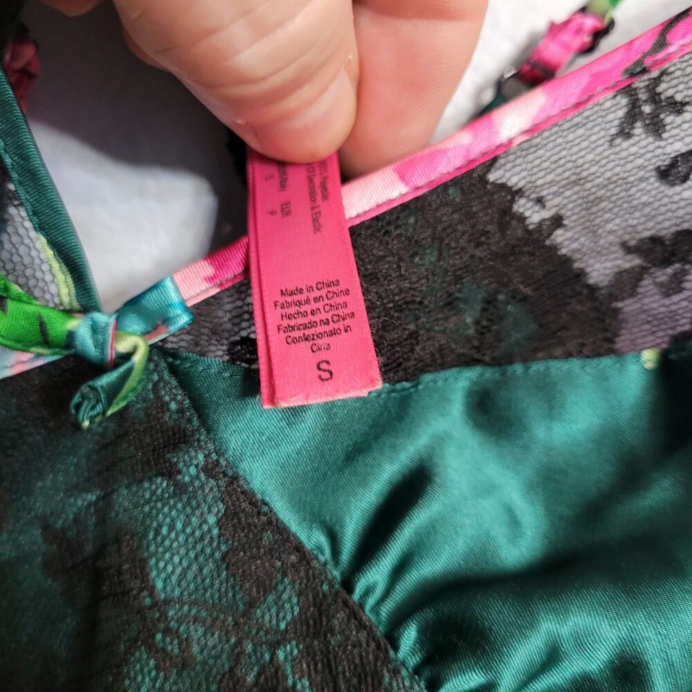 VTG Betsey Johnson 90s Y2K Floral Lace Satin Slip Dress Emerald Green Rose SM - Picture 7 of 9